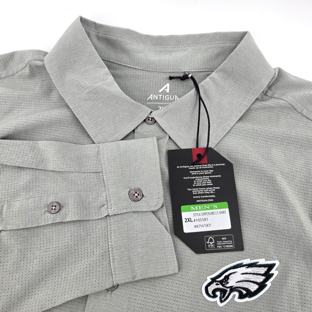 Antigua Mens Philadelphia Eagles Shirt Poly Grey 2XL NWT Long Sleeve Button Down